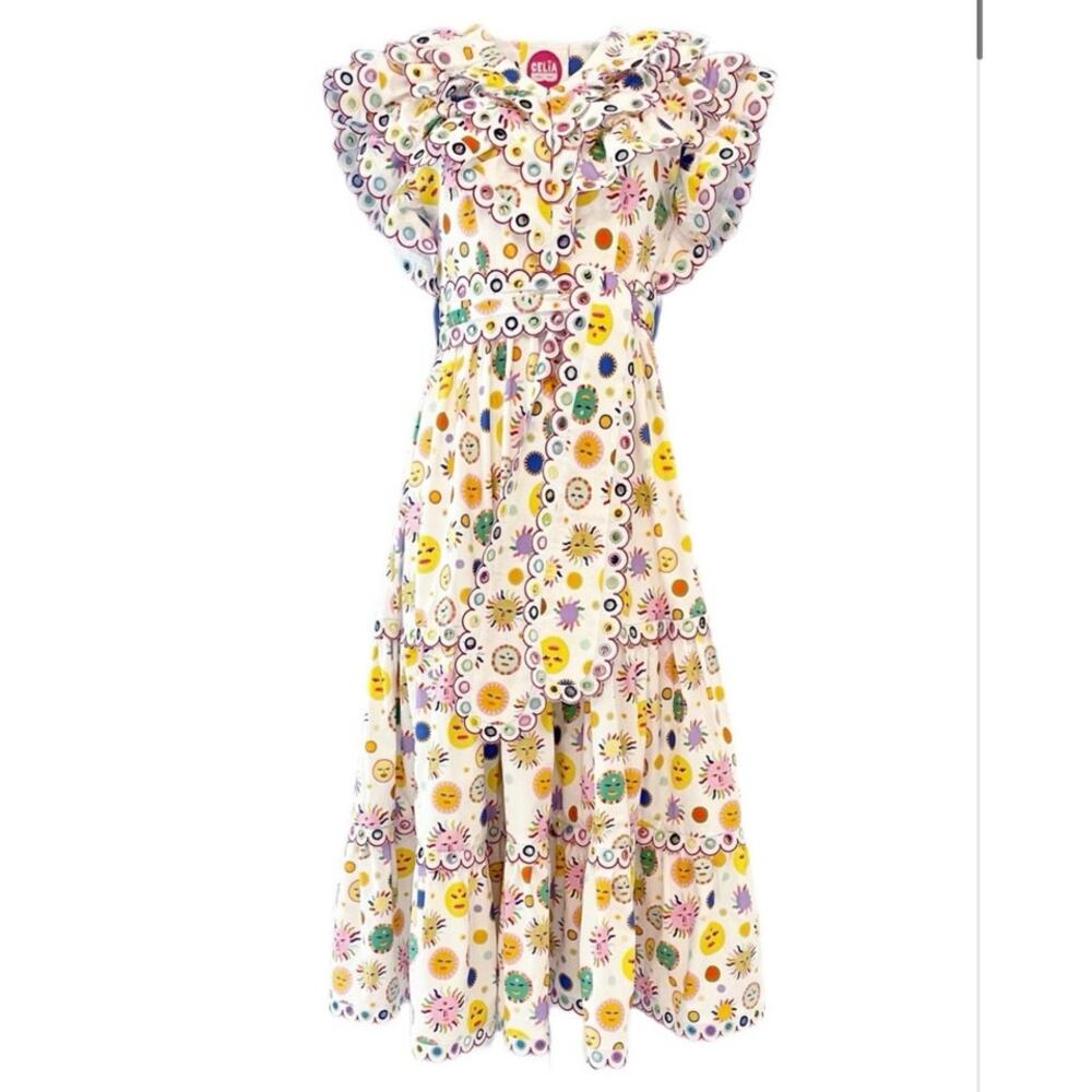CeliaB Tervos Dress White Moon  Print Scallops Small